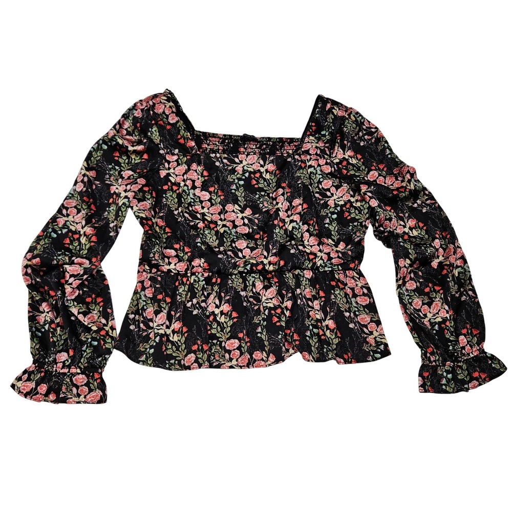 Black Pink Floral Cottagecore Smocked Peplum Top XL Prarie Dark Romance Feminine
